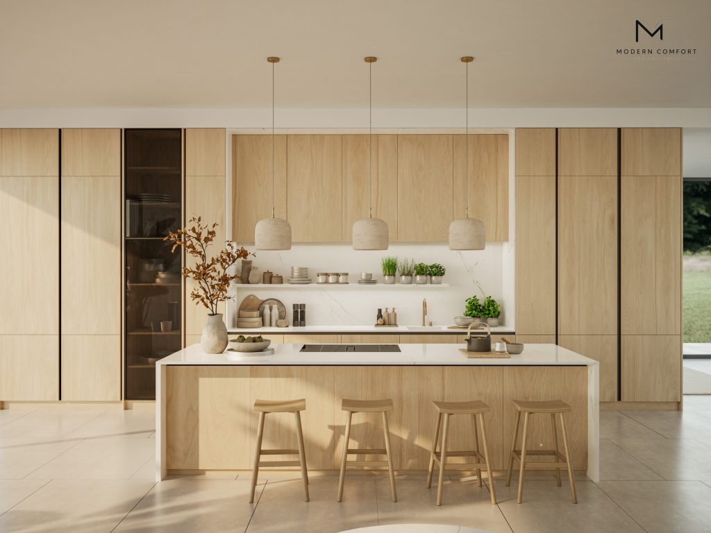 Light oak kitchen with large island, pendant lights, and built-in cabinetry