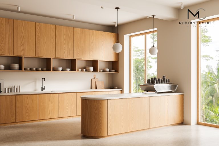 Warm wood kitchen remodel with curved island, open shelving, and pendant lights