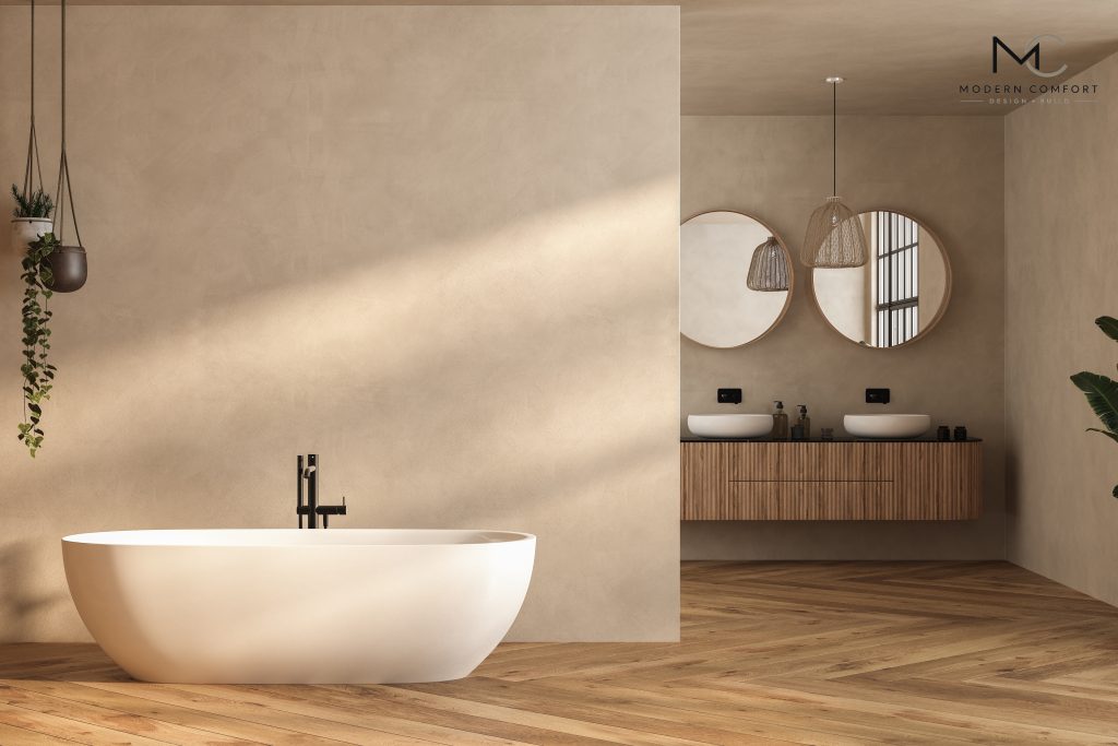 Minimalist bathroom with freestanding tub, round mirrors, and floating wood vanity
