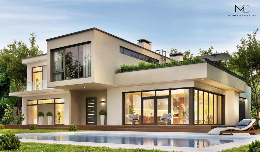 Modern custom home with swimming pool, rooftop garden, and large glass walls