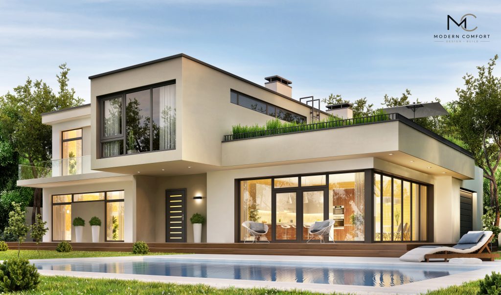 Two-story modern home with pool, rooftop planters, and wall-to-wall glass doors