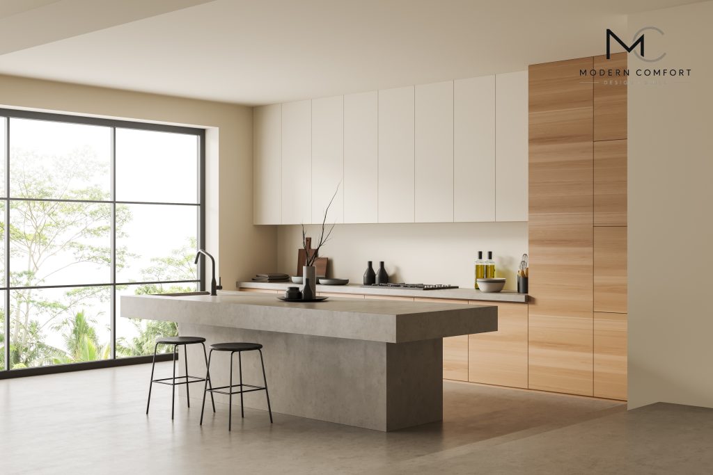 Contemporary kitchen with concrete island, white cabinetry, and floor-to-ceiling windows